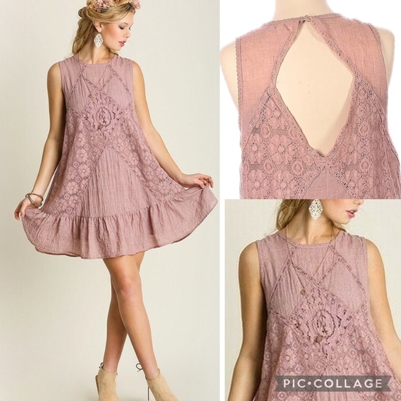 Umgee Sleeveless Lace Panel Ruffle Hem Mauve Mini Dress - Tunic Top Size L - Picture 1 of 11